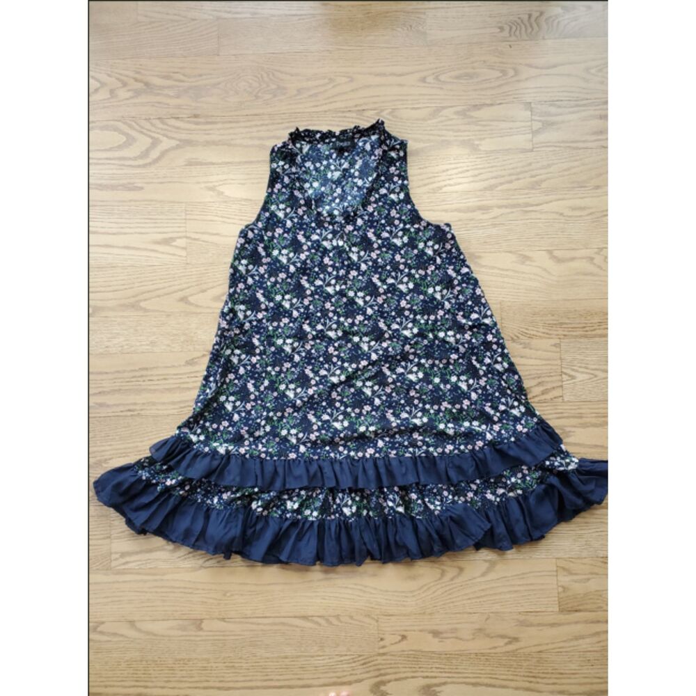 Papillon Womens M Dress Sleeveless Floral Crinkled Tiered Ruffle Hem Navy EUC